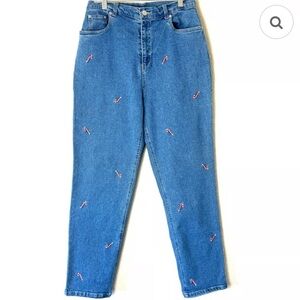 Quacker Factory Vintage Embroidered Candy Cane High Rise Mom Jeans Size 16